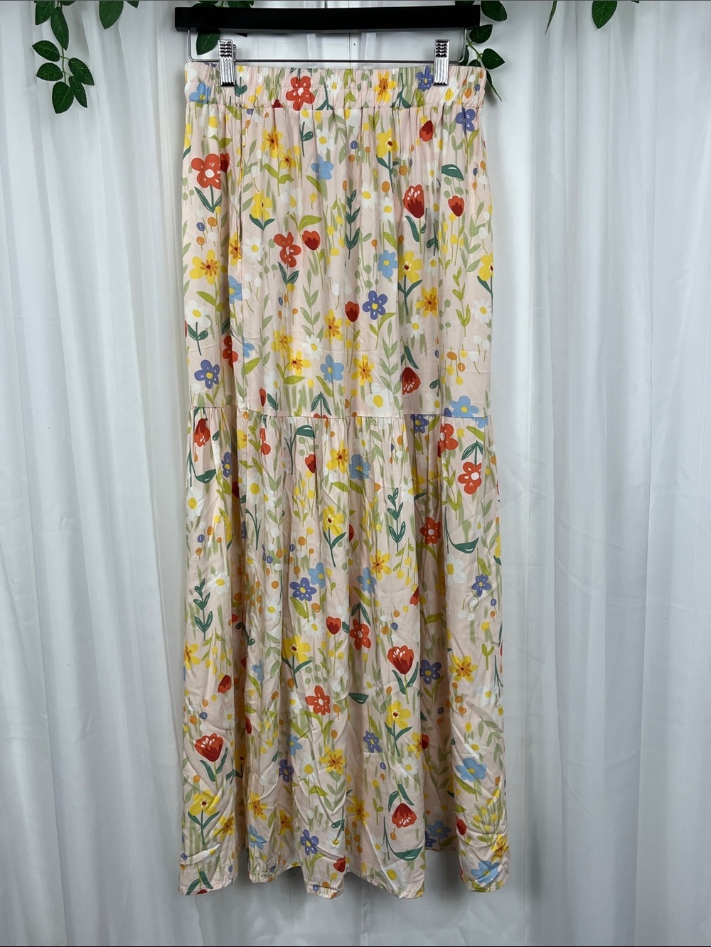 Joocy Babi Womens Pant L Yellow Blue Floral Print Stretch Waist Wide Leg EUC